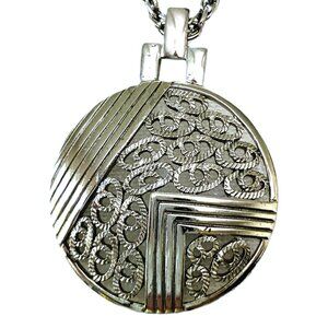 Vintage Necklace Design Filigree Disc Pendant Long Robe Chain Silver Tone Women